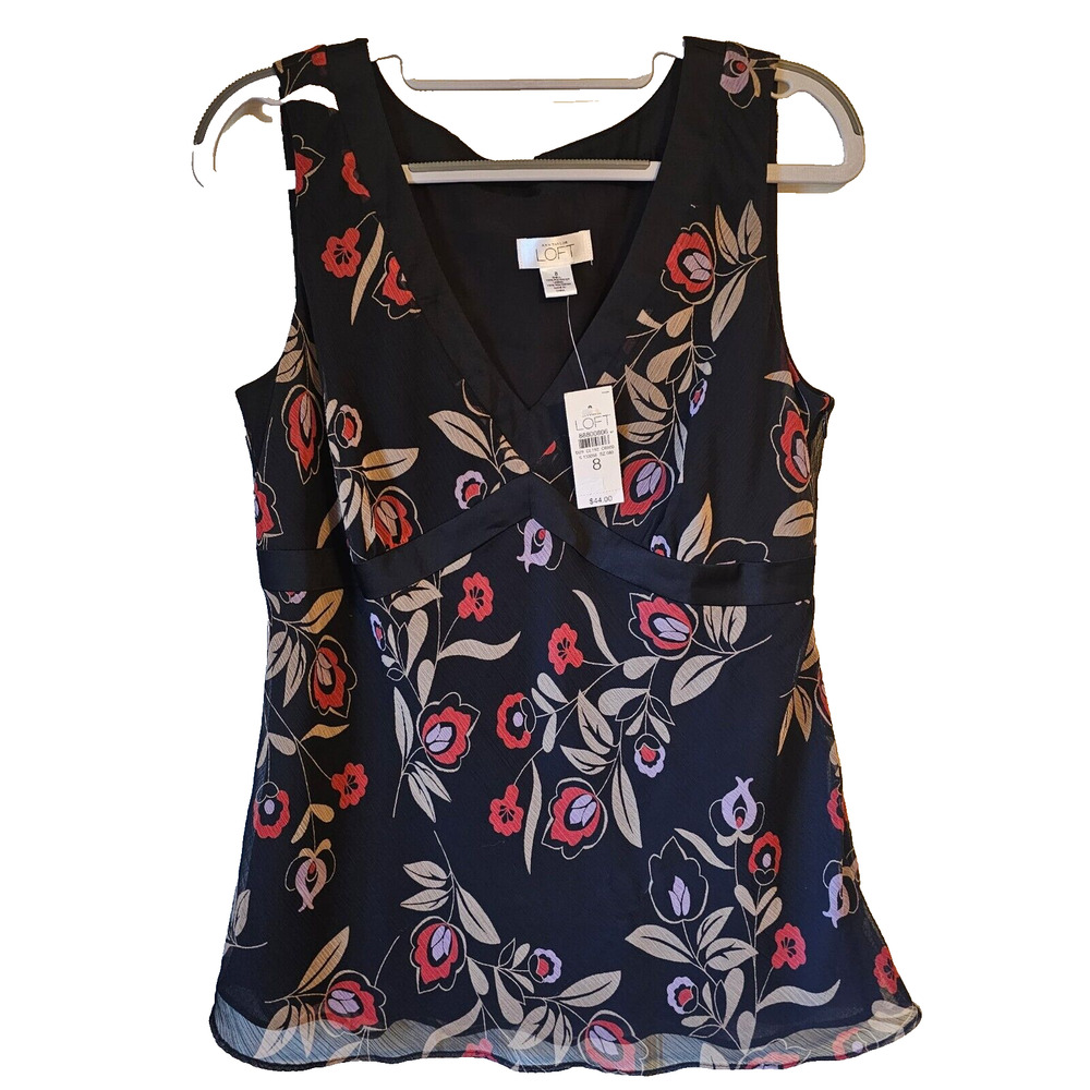 NWT Ann Taylor LOFT Sz 8 Lined Black Floral Sleeveless Blouse Cami Tank side zip